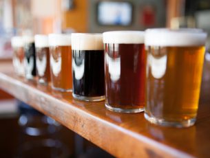 A sampling of eight beers from a pub's brews.